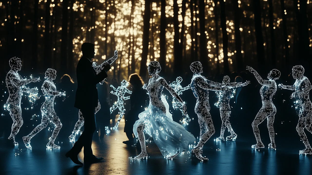 Business science fiction scenario — strategic imagination training by Practical Futures. Silhouetted people dancing surrounded by glowing dotted light figures in a dimly lit forest setting.