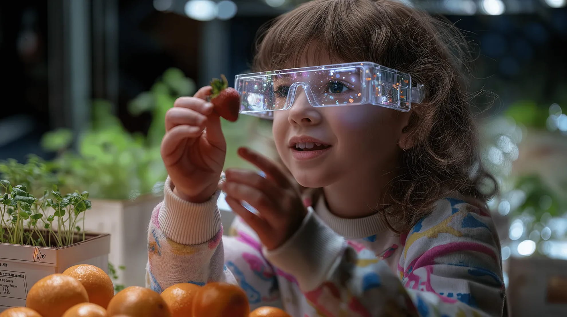 Business science fiction scenario — strategic imagination training by Practical Futures. Young girl wearing glowing safety goggles examines a strawberry with oranges and plants in the foreground.