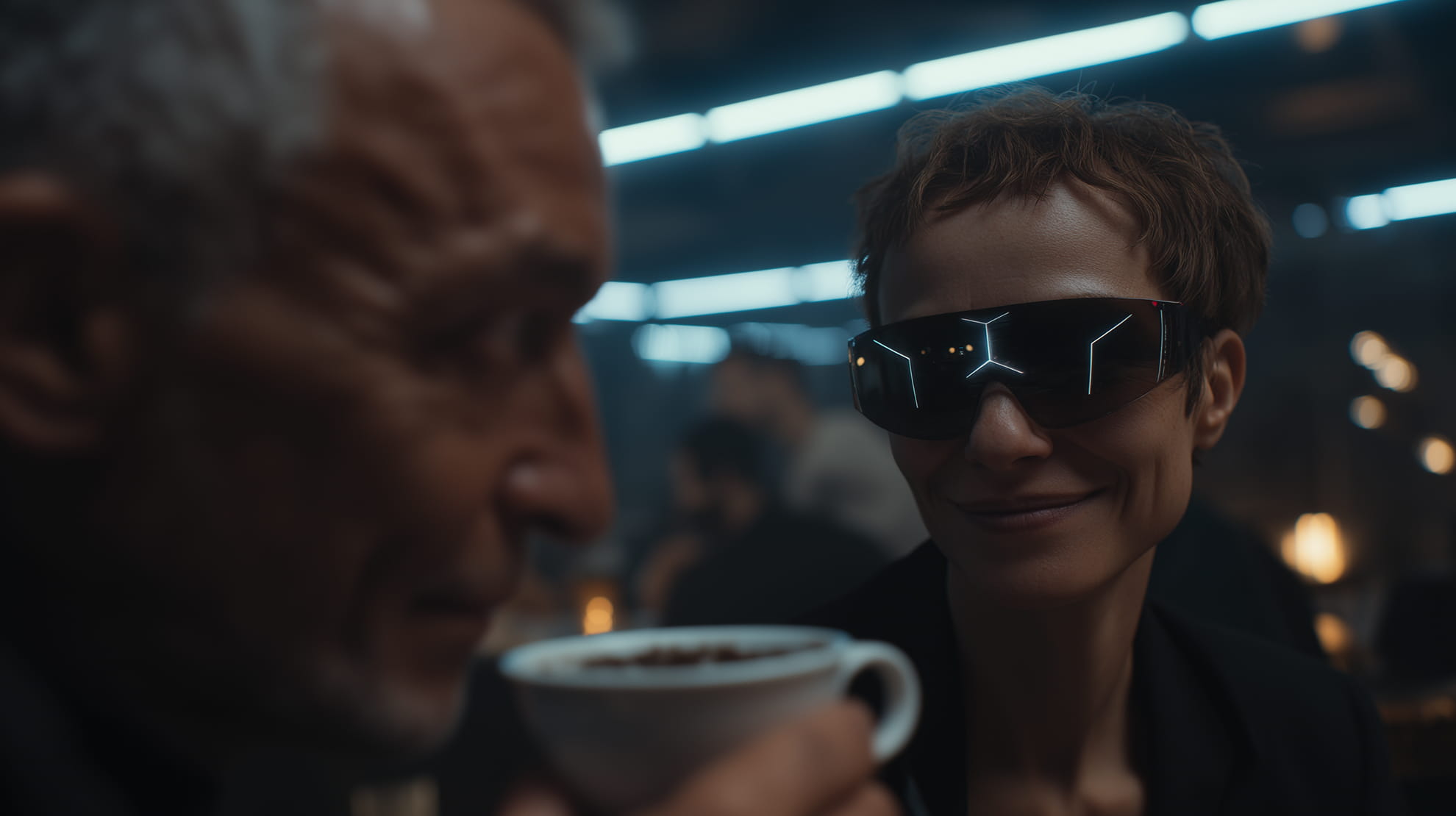 Business science fiction scenario — strategic imagination training by Practical Futures. Person wearing futuristic sunglasses smiling at a person holding a cup in a dimly lit cafe.