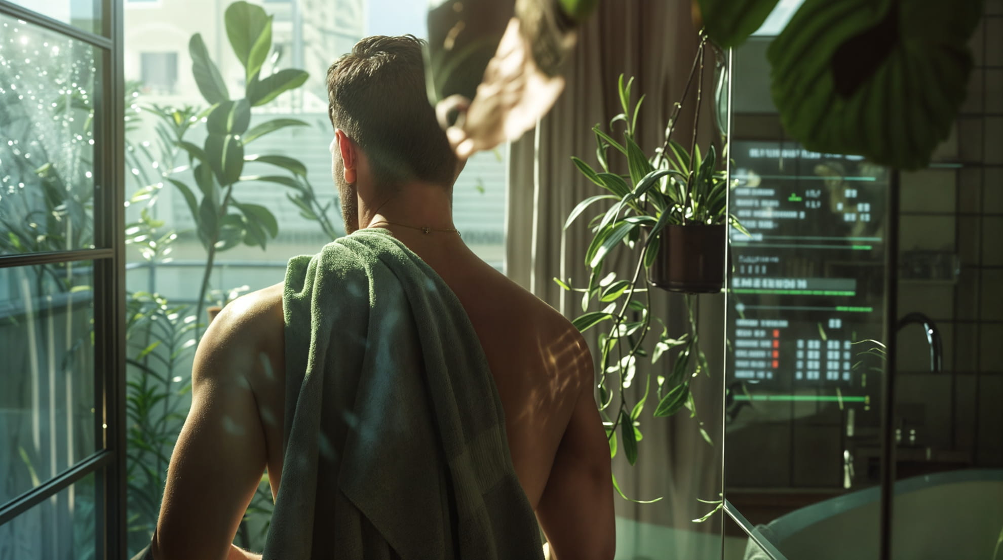 Business science fiction scenario — strategic imagination training by Practical Futures. Back view of a shirtless man with a towel over his shoulder standing in a sunlit bathroom with green plants and a digital display on a mirror.