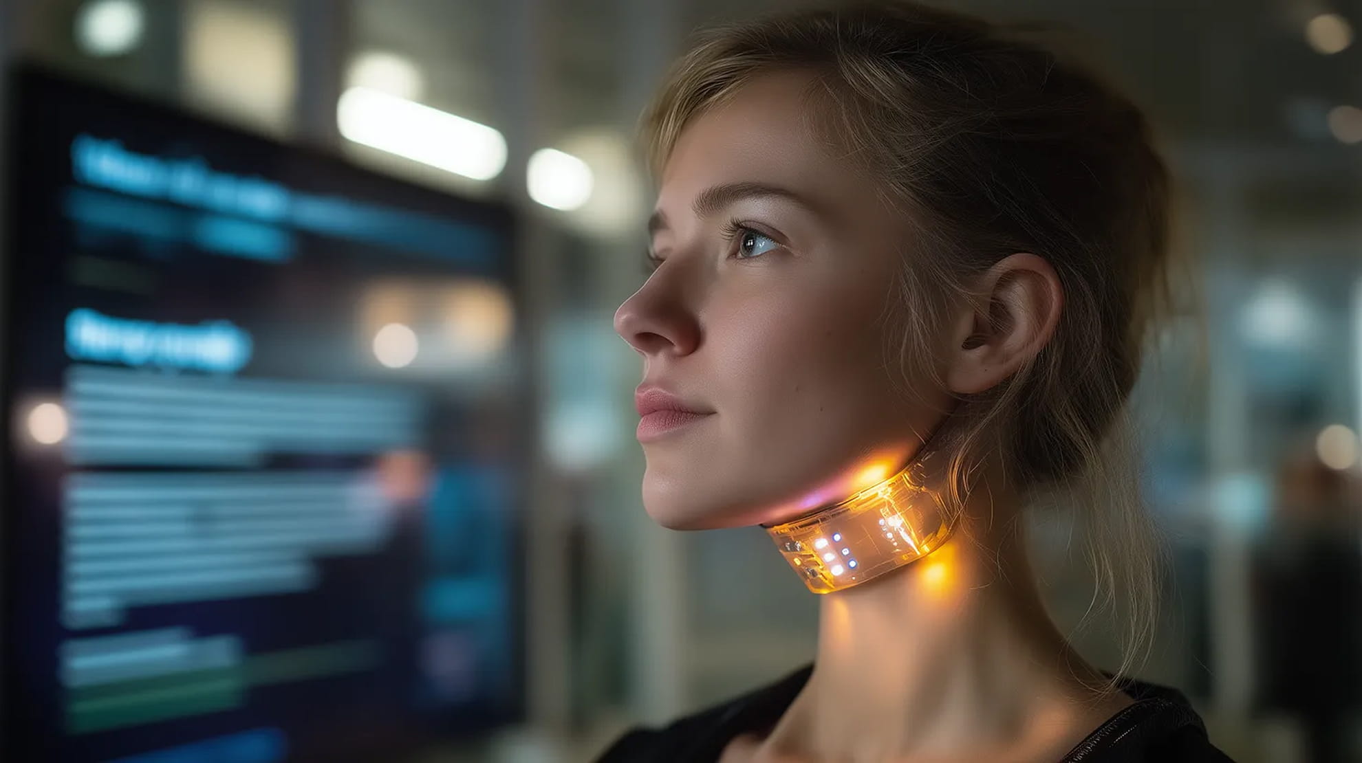 Business science fiction scenario — strategic imagination training by Practical Futures. Profile of a woman wearing a glowing futuristic smart neck device with digital displays in a modern tech environment.