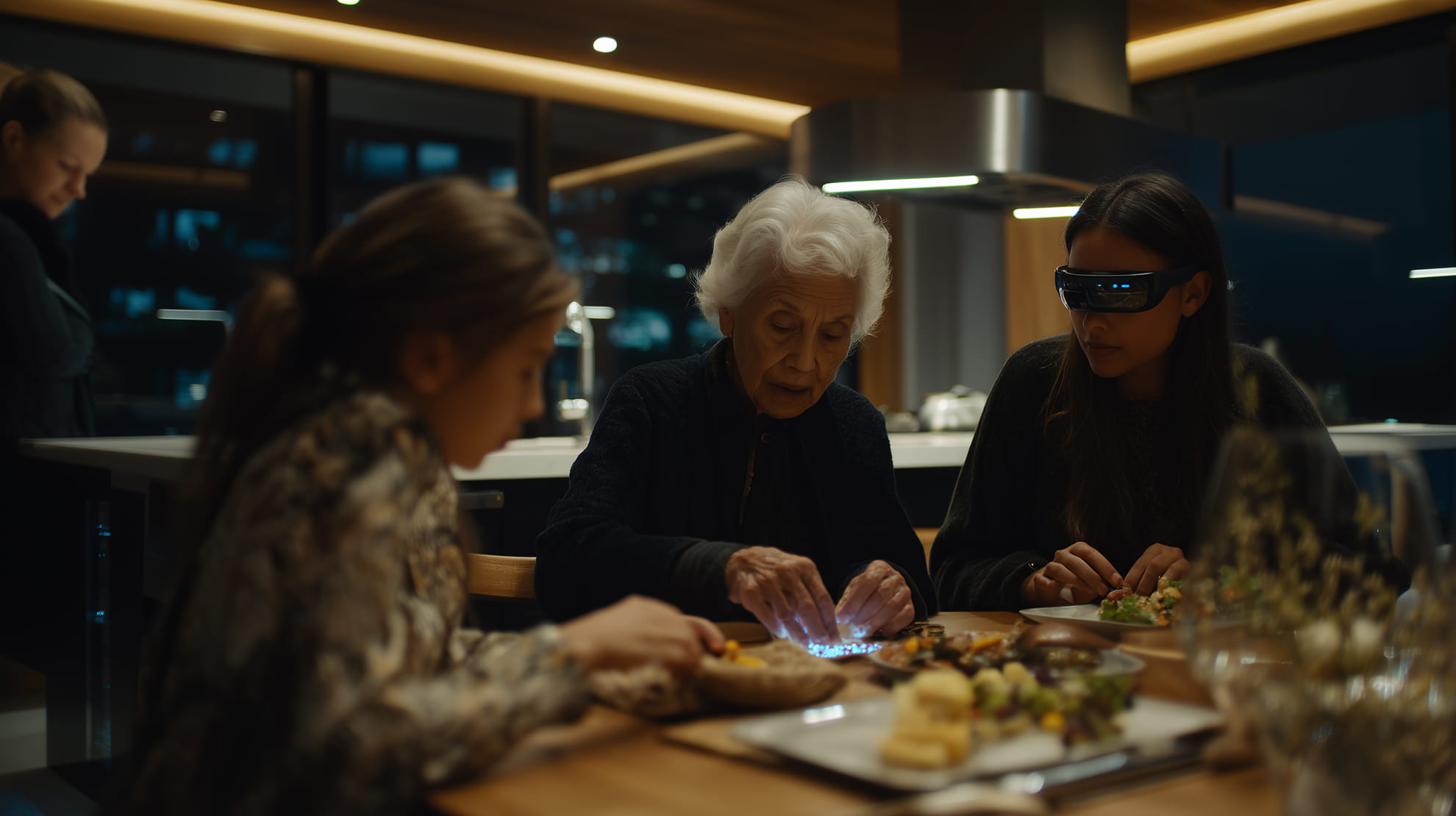 Business science fiction scenario — strategic imagination training by Practical Futures. Three women sitting at a table in a modern kitchen at night, with one wearing futuristic smart glasses and an elderly woman interacting with small illuminated objects.