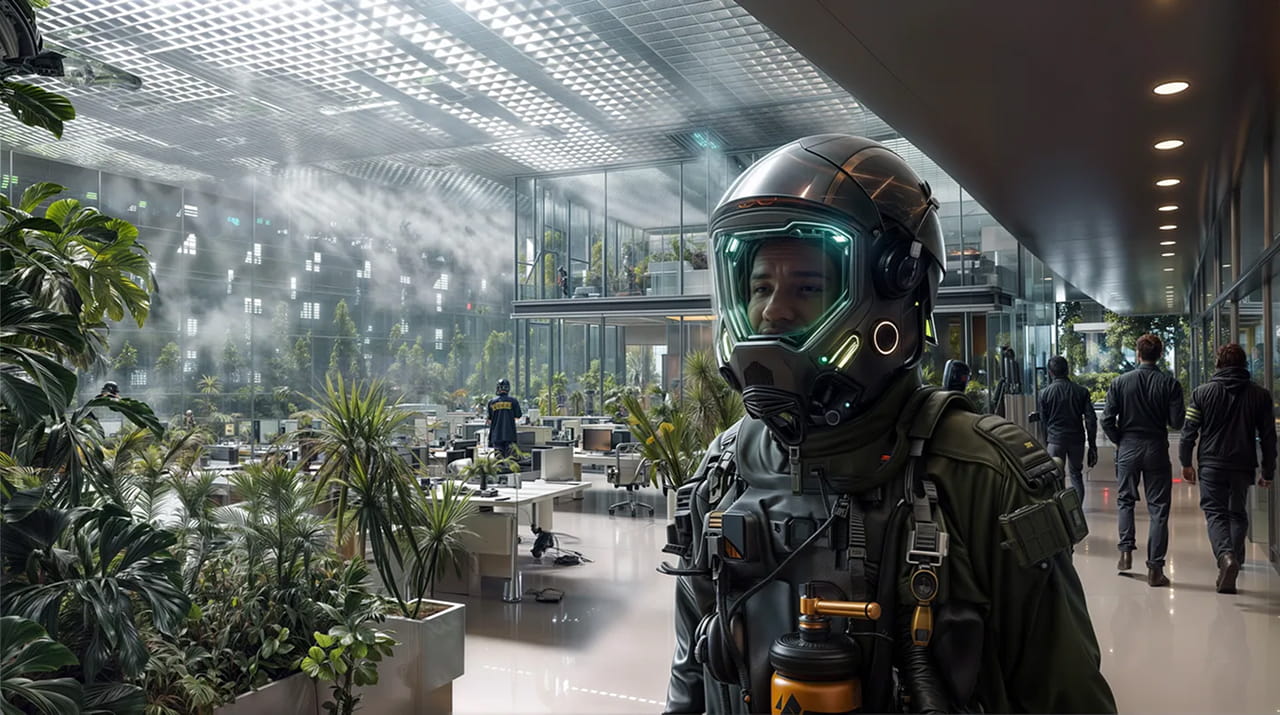 Business science fiction scenario — strategic imagination training by Practical Futures. Man wearing futuristic helmet and tactical gear stands in a modern office with many green plants and people in the background.