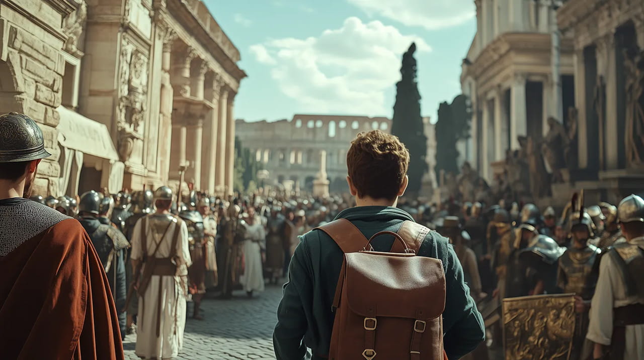 Business science fiction scenario — strategic imagination training by Practical Futures. Person with brown leather backpack faces a crowd of people dressed as Roman soldiers in an ancient city street with the Colosseum in the background.