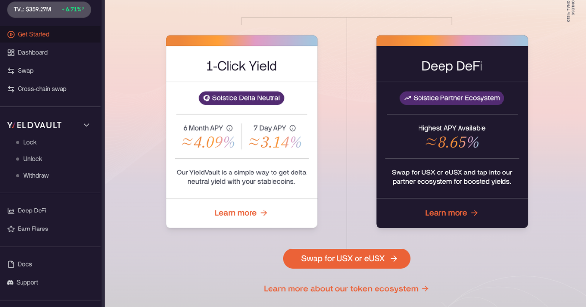 Solstice app interface to swap for USDX or eUSDX