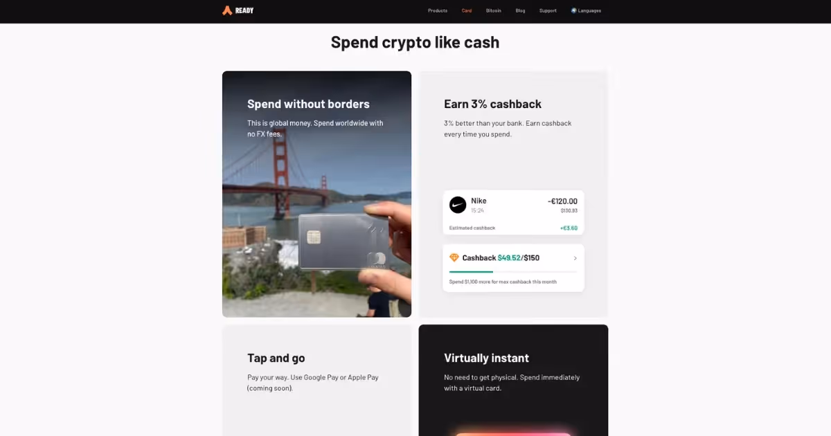 A screenshot of homepage of Ready crypto card