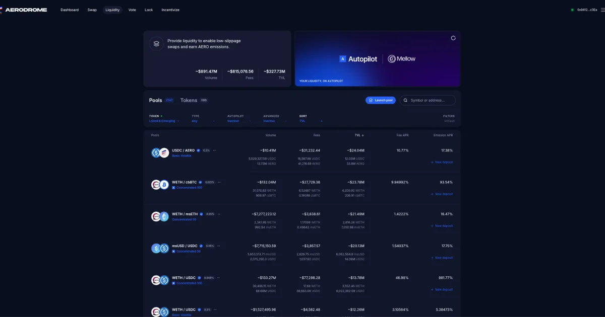 A screenshot of Aerodrome's liquidity pools on Base