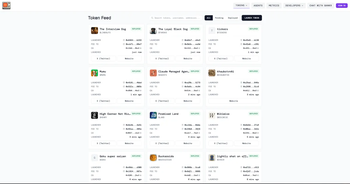 A screenshot of token feed on Bankr