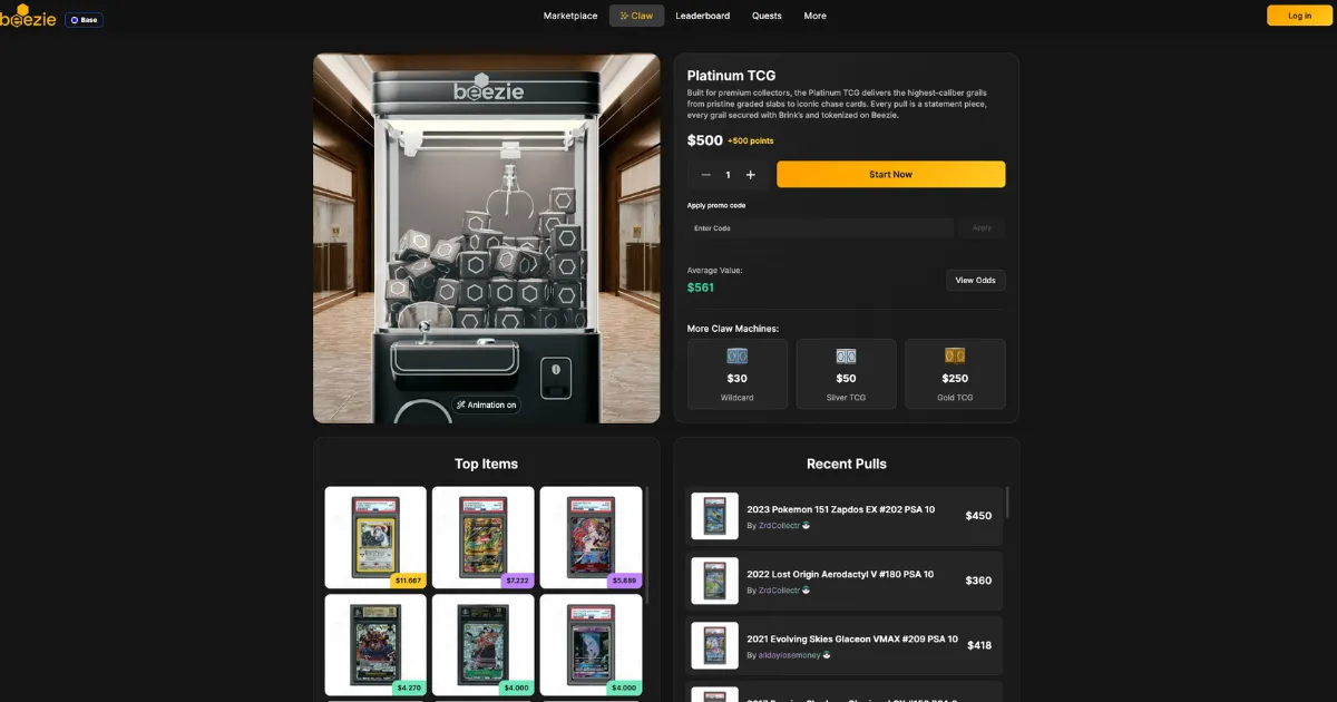 A screenshot of current claw marketplace on Beezie