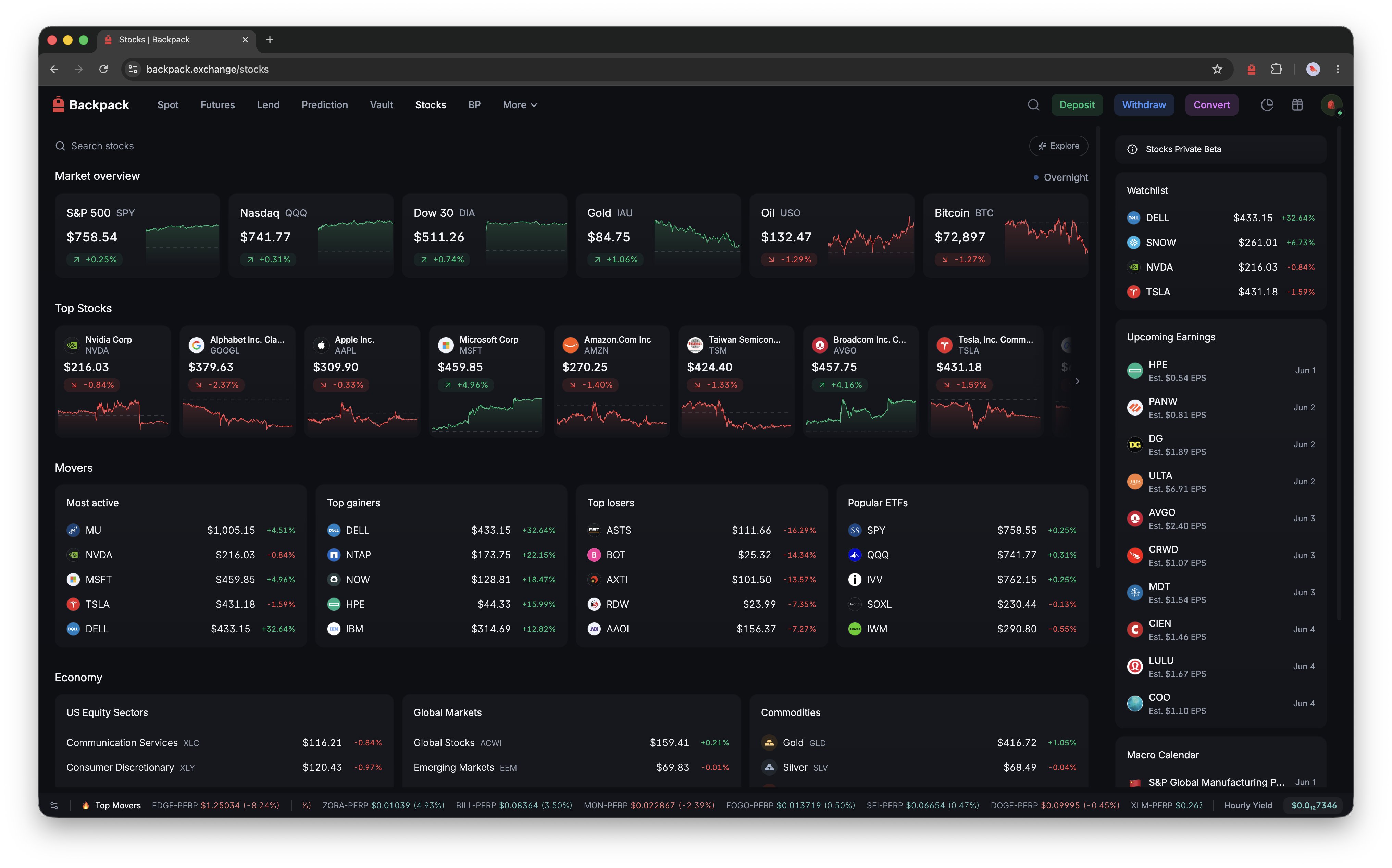 A screenshot of stocks and ETFs on Backpack Exchange