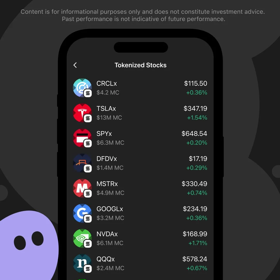 A phone mockup of Phantom featuring tokenized stocks