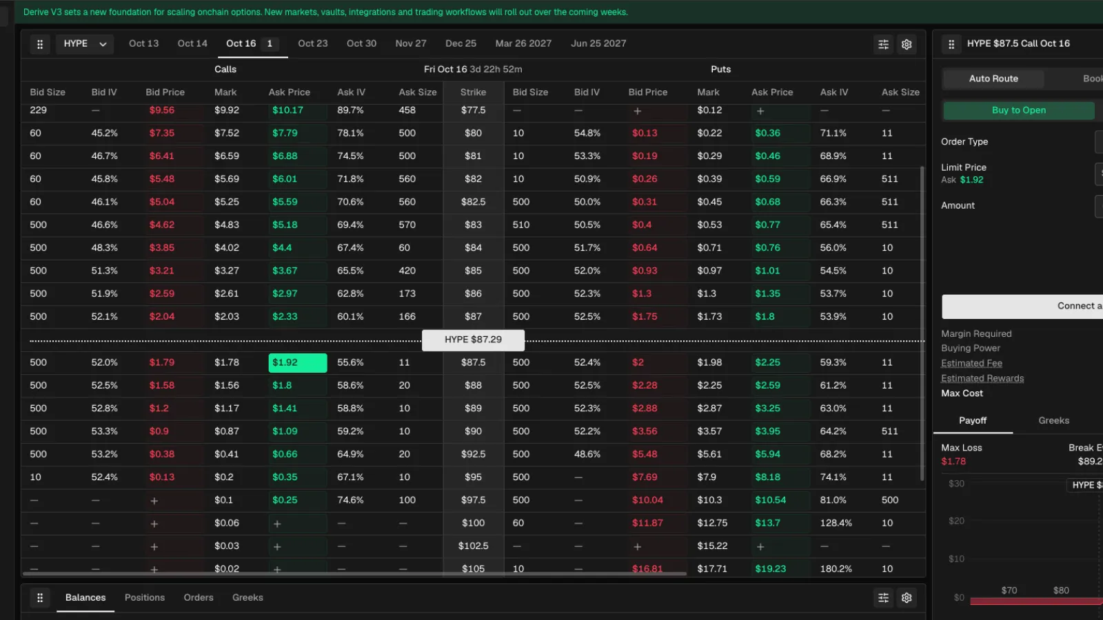 A screenshot of Derive v3 on Ethereum Mainnet
