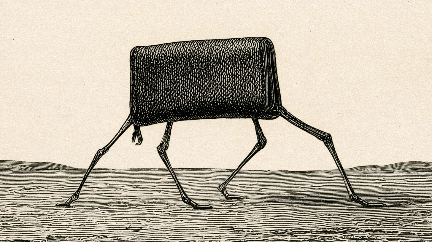 Victorian-style engraved illustration: a wallet walking off on mechanical insect legs