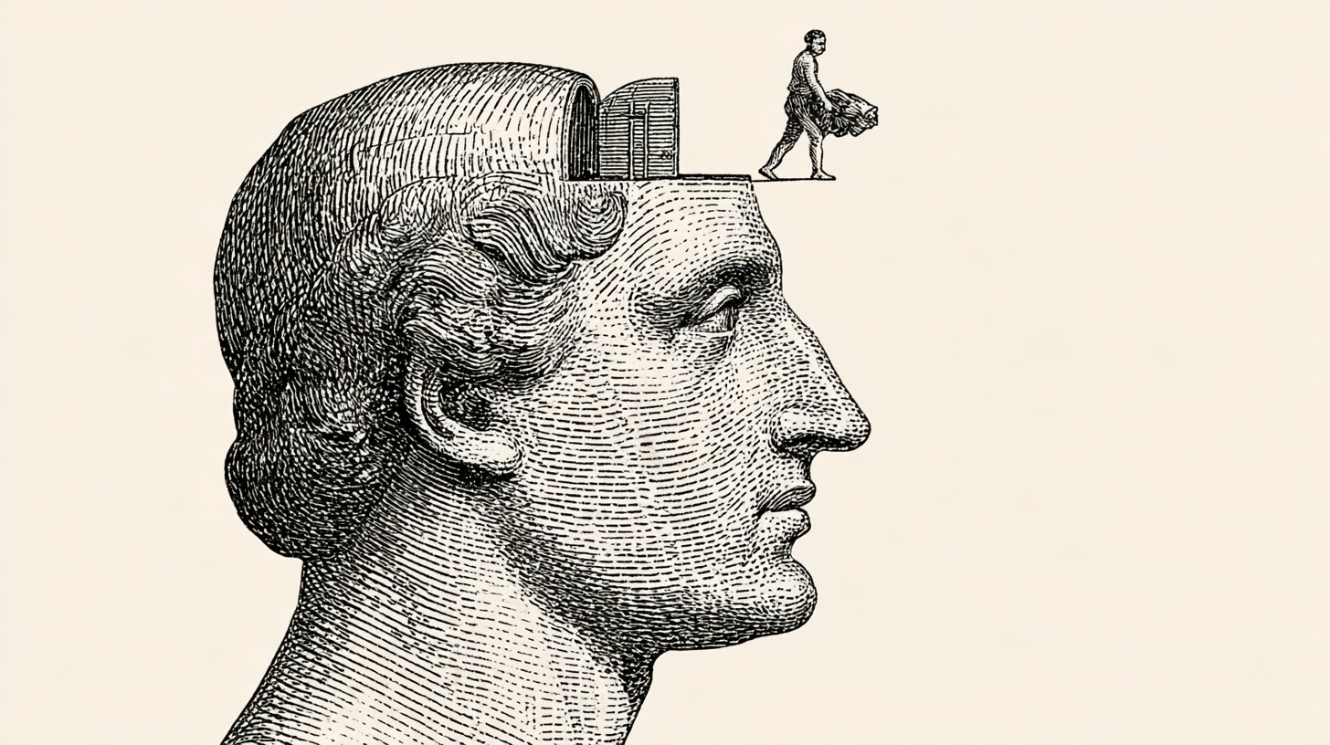 Victorian-style engraved illustration: marble head with a door in the skull, a tiny figure carrying a bundle out