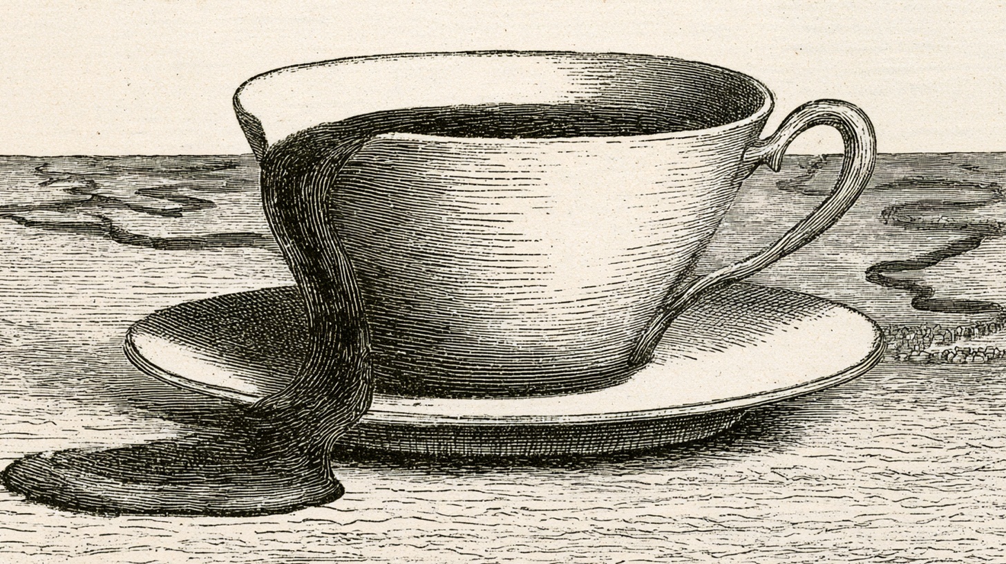 Victorian-style engraved illustration: a giant teacup overflowing into a river delta that runs across the plain