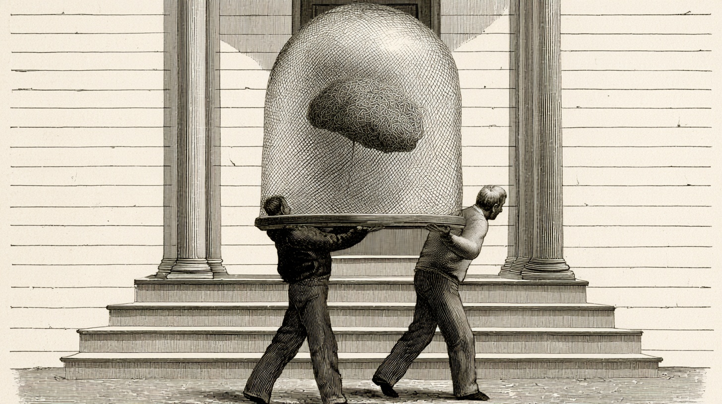 Victorian-style engraved illustration: two movers carrying a brain in a bell jar up the steps of a small house