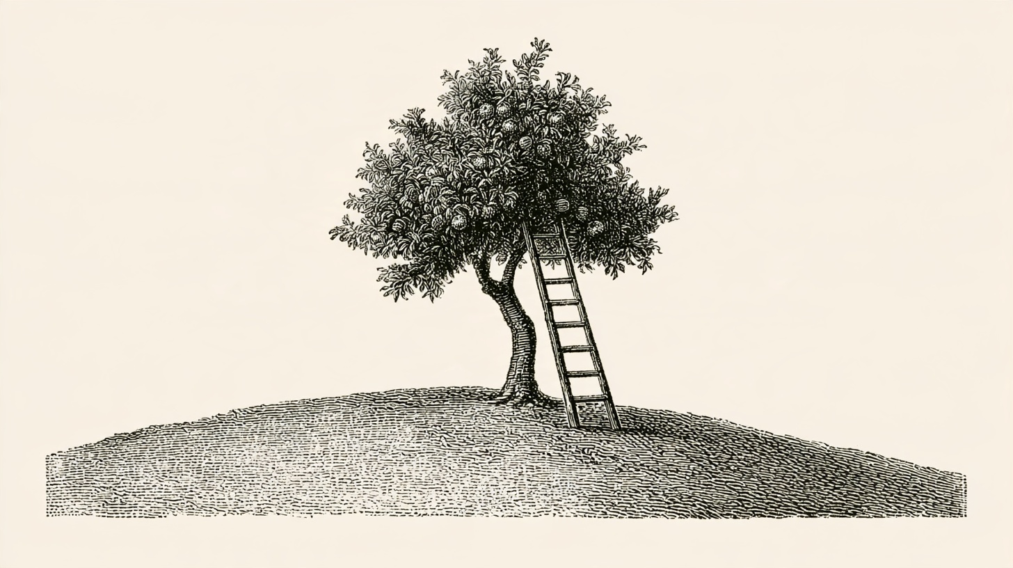 Victorian-style engraved illustration: a lone apple tree on a hill bearing coins, a ladder against its trunk