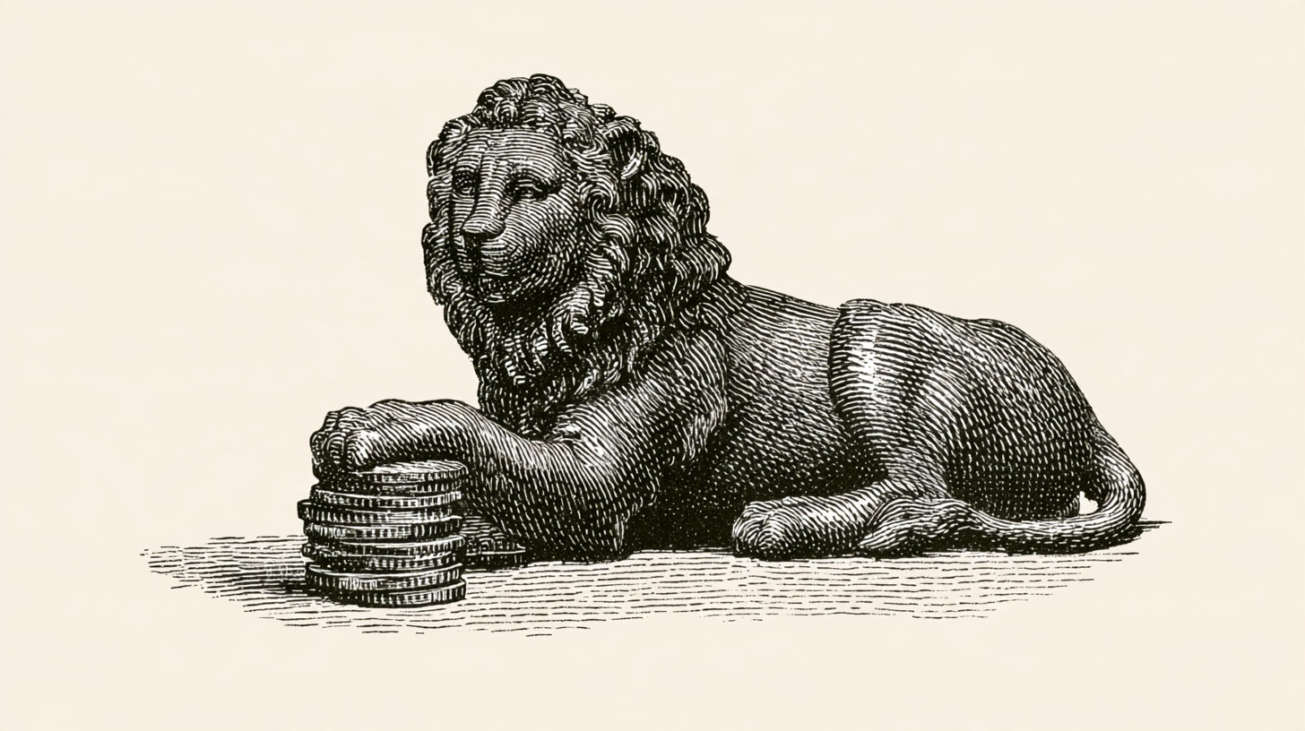 Victorian-style engraved illustration: a bronze lion resting one paw on a stack of coins