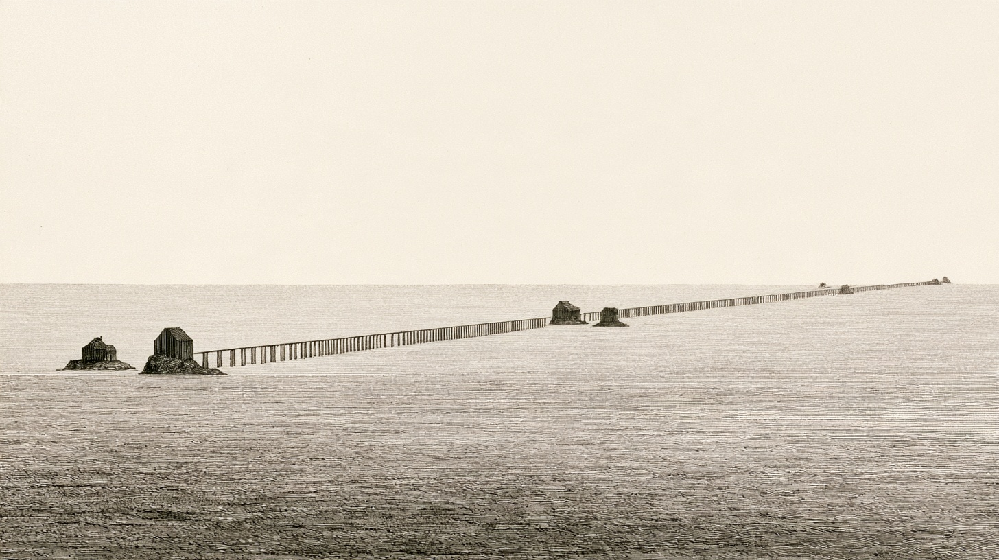 Victorian-style engraved illustration: one long bridge linking a chain of small islands across a calm sea