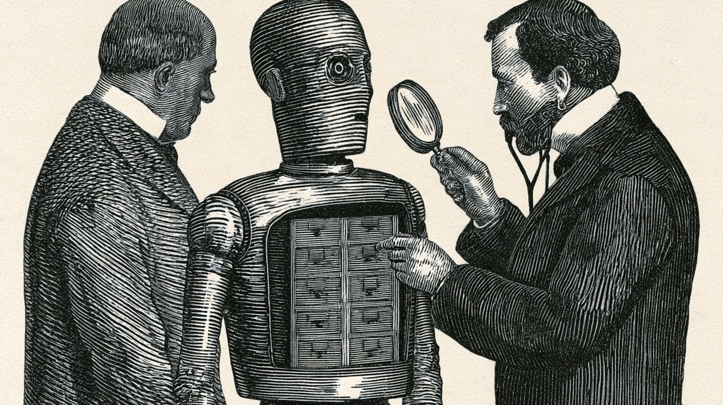 Victorian-style engraved illustration: an examiner with a magnifier inspecting the drawers inside a robot's chest
