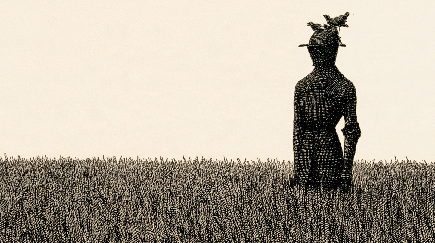 Victorian-style engraved illustration: an armoured knight standing guard as a scarecrow, birds nesting in its helmet
