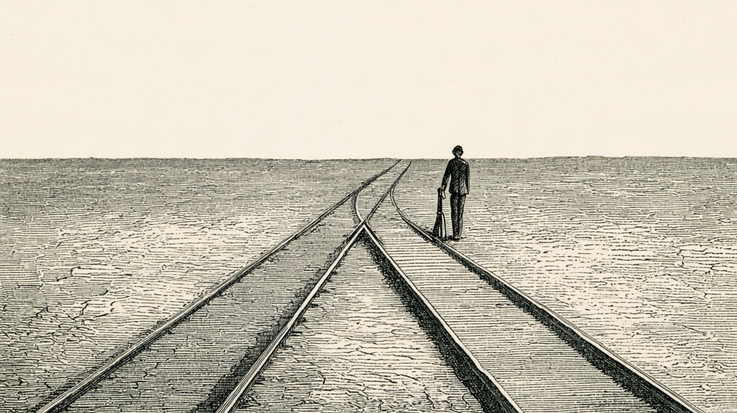 Victorian-style engraved illustration: a railway line dividing at a switch into two tracks, a signalman at the lever