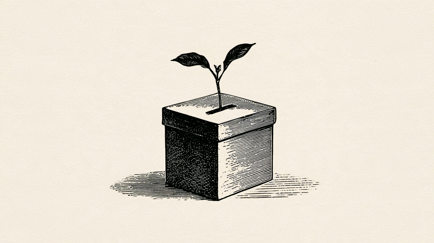 Victorian-style engraved illustration: a ballot box with a seedling growing out of its slot