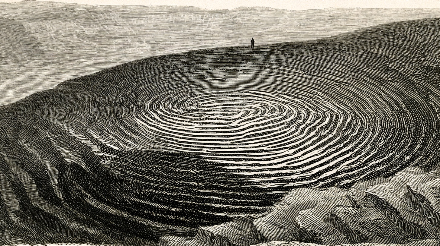 Victorian-style engraved illustration: a giant fingerprint pressed into the earth as terraced fields