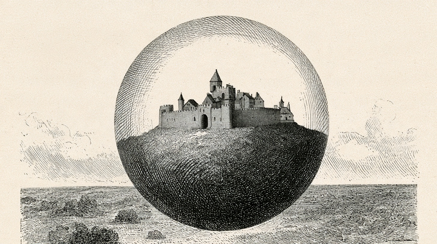 Victorian-style engraved illustration: a walled castle sealed inside a single floating bubble