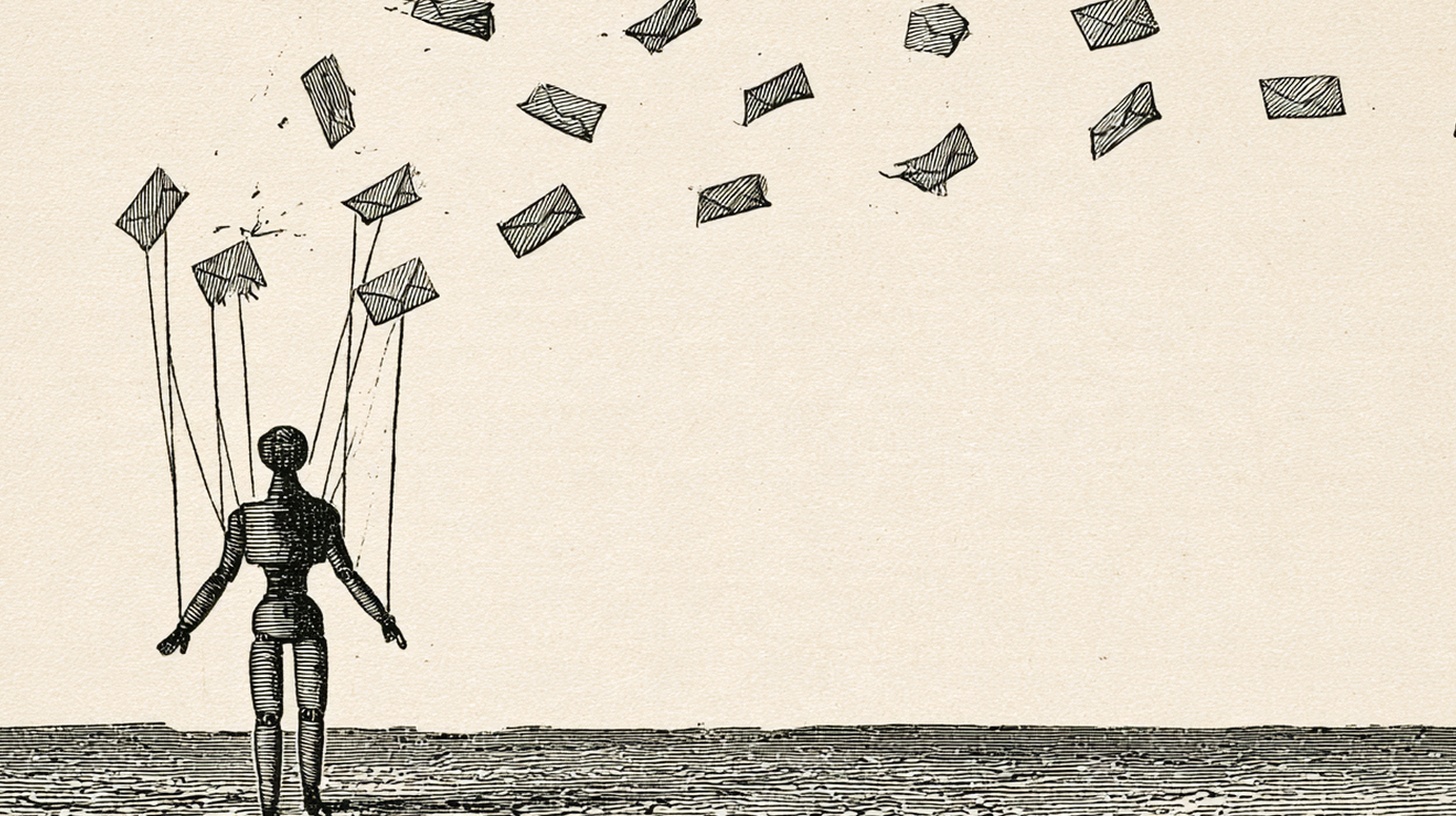 Victorian-style engraved illustration: a marionette whose strings are held by drifting envelopes
