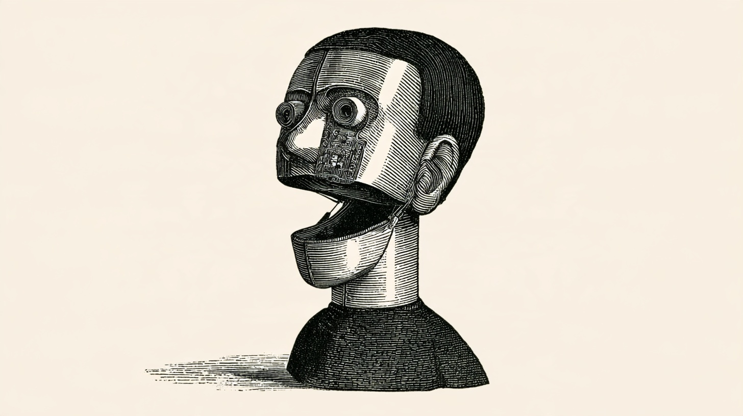Victorian-style engraved illustration: a ventriloquist dummy with a machine-plate face
