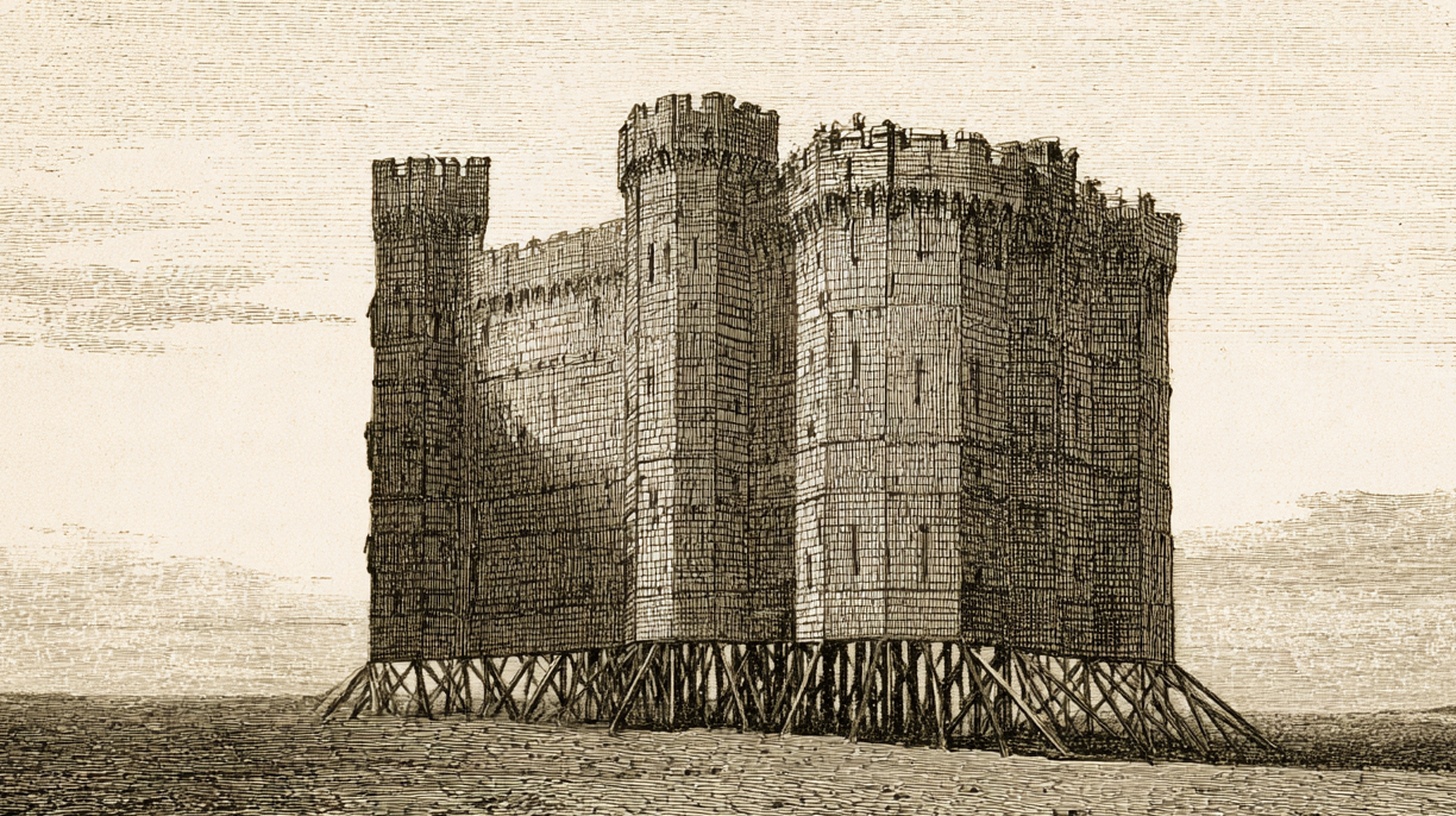 Victorian-style engraved illustration: a fortress propped up on timber struts, all facade