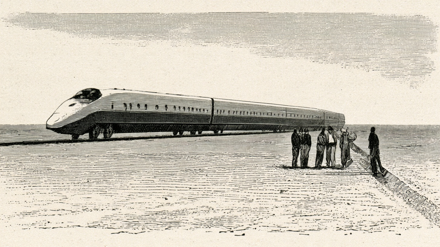 Victorian-style engraved illustration: a modern train running on rails the crew is still laying