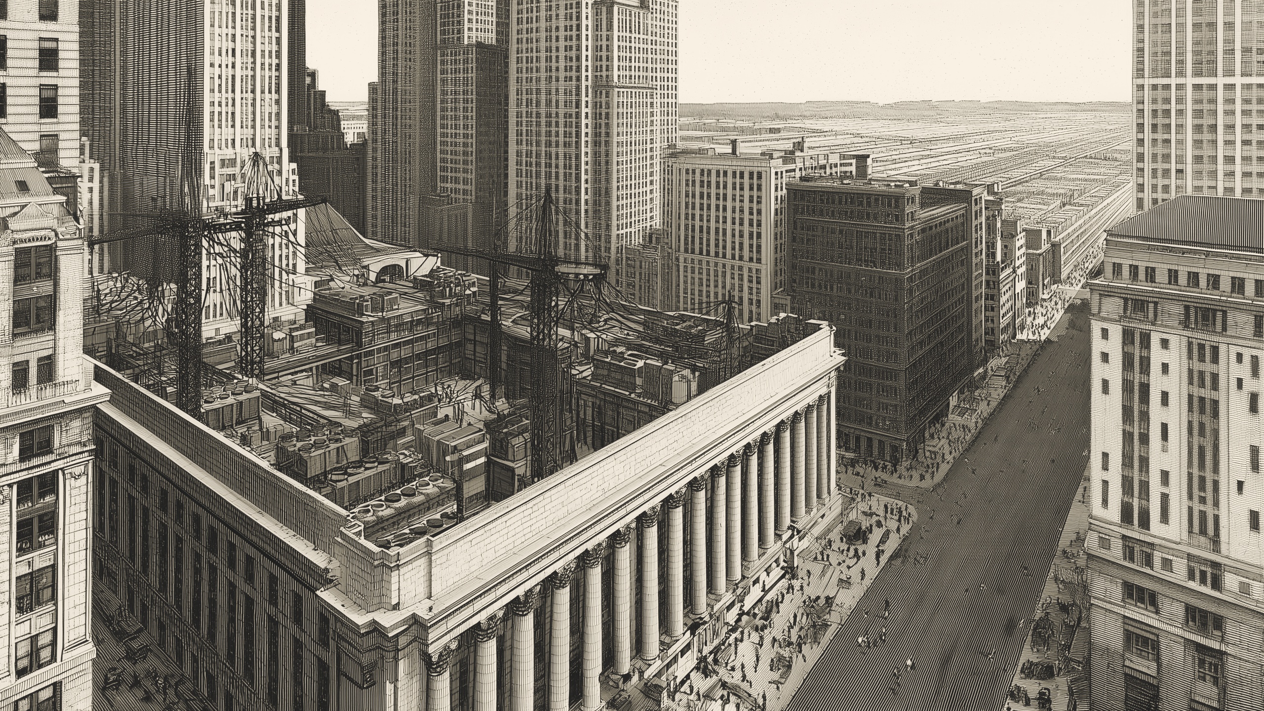 Victorian-style engraved illustration: a bank building its own compute plant inside its own walls