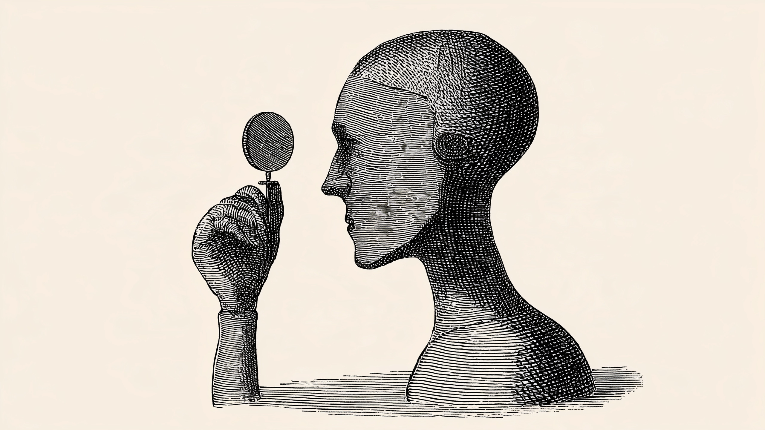 Victorian-style engraved illustration: a humanoid robot in profile holding a single coin up to the light