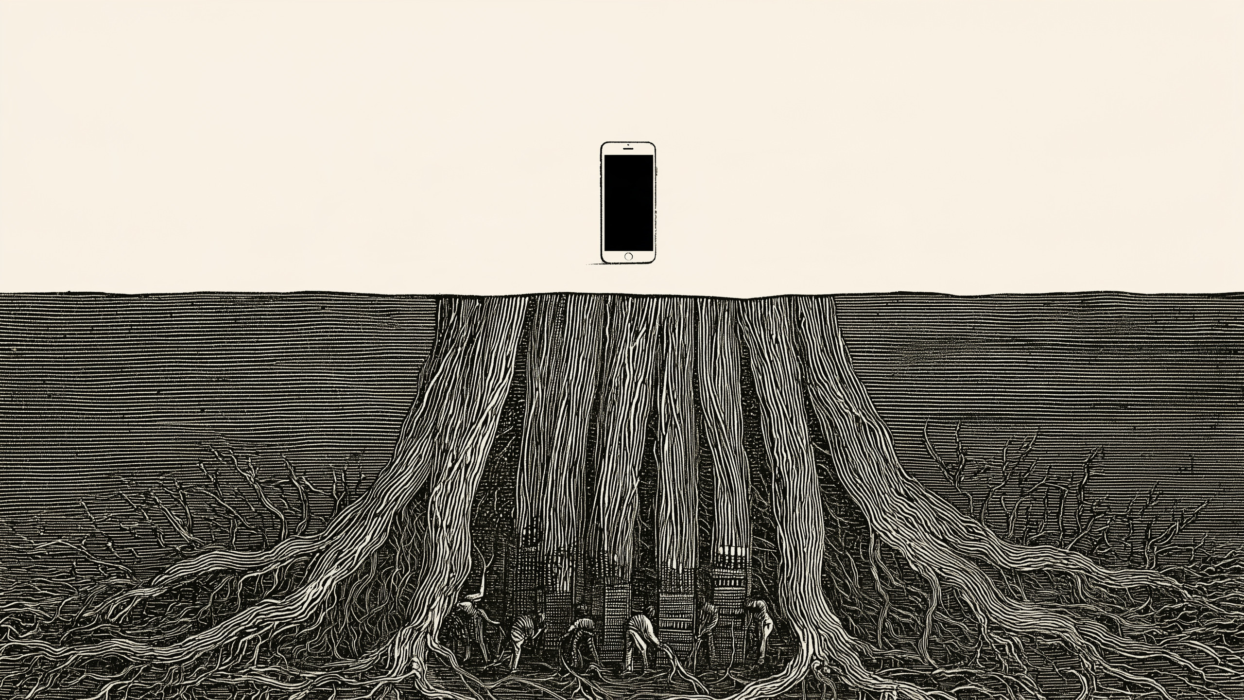 Victorian-style engraved illustration: a smartphone standing on bare ground with an immense root system of cables and server racks beneath it
