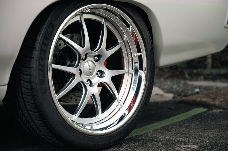 Forgeline GA3 three-piece wheel with drilled rotors and red calipers on a Chevelle