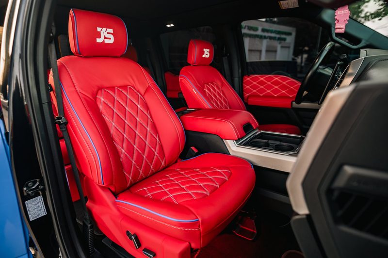 Alea Napa Red diamond stitch leather seats with custom JS headrests