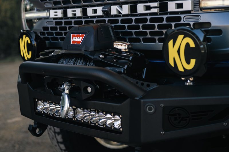 Warn winch, KC pods and Baja Designs light bar on an ADD Rock Fighter bumper