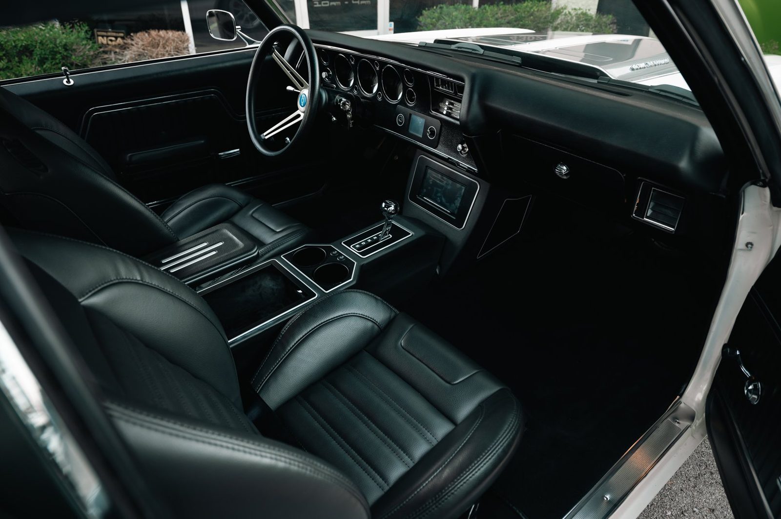 Black leather interior with hidden audio in a 1972 Chevelle SS