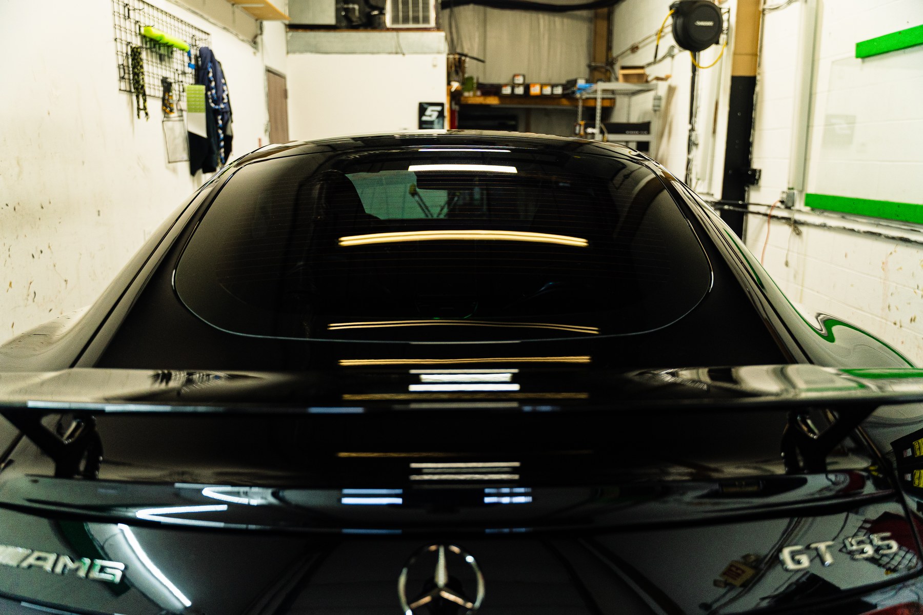 Rear glass and spoiler of a Mercedes-AMG GT 55 finished in Stage 3 XPEL XRPlus tint