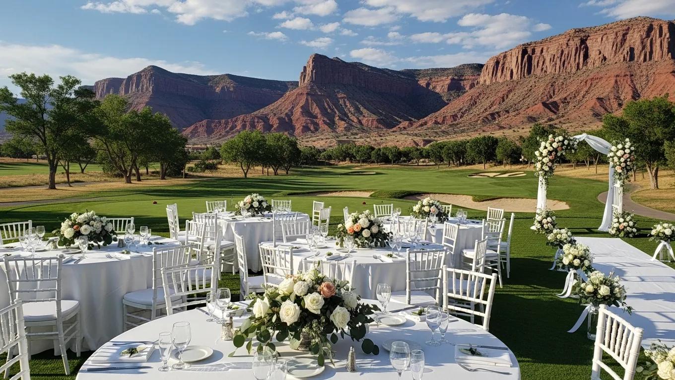 Outdoor wedding setup at Redlands Mesa Golf Course with scenic views