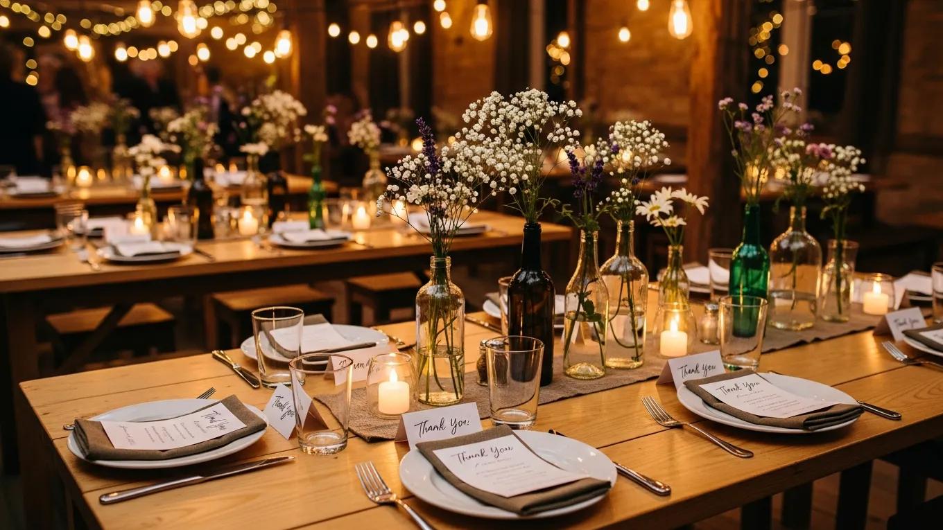 Elegant wedding reception table setting showcasing centerpieces and ambient lighting