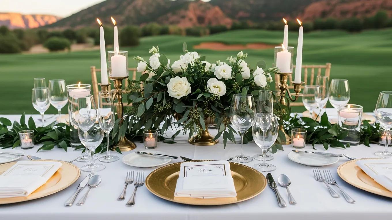 Elegant wedding reception table setting with fine dining elements at Redlands Mesa
