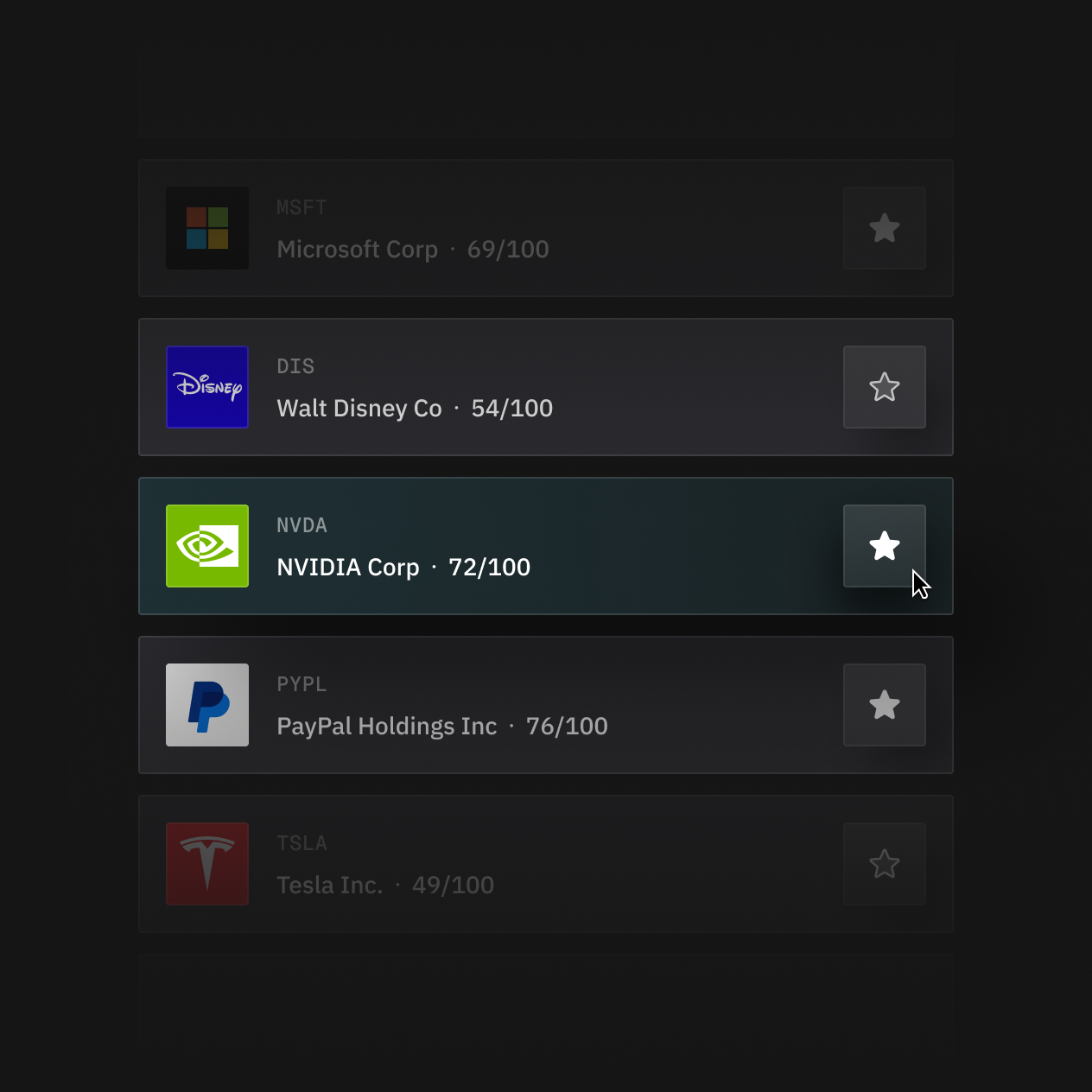Finmode branded product mockup showing a the feature Watchlist that allows users to save and monitor interesting stocks