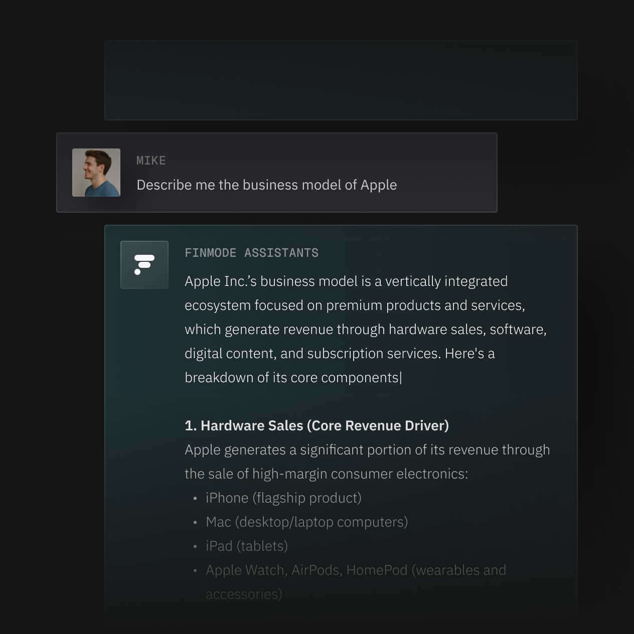 Finmode branded product mockup showing a the feature Agent that allows users to ask questions to Finmode AI Assistant about finance, company financials and markets in general