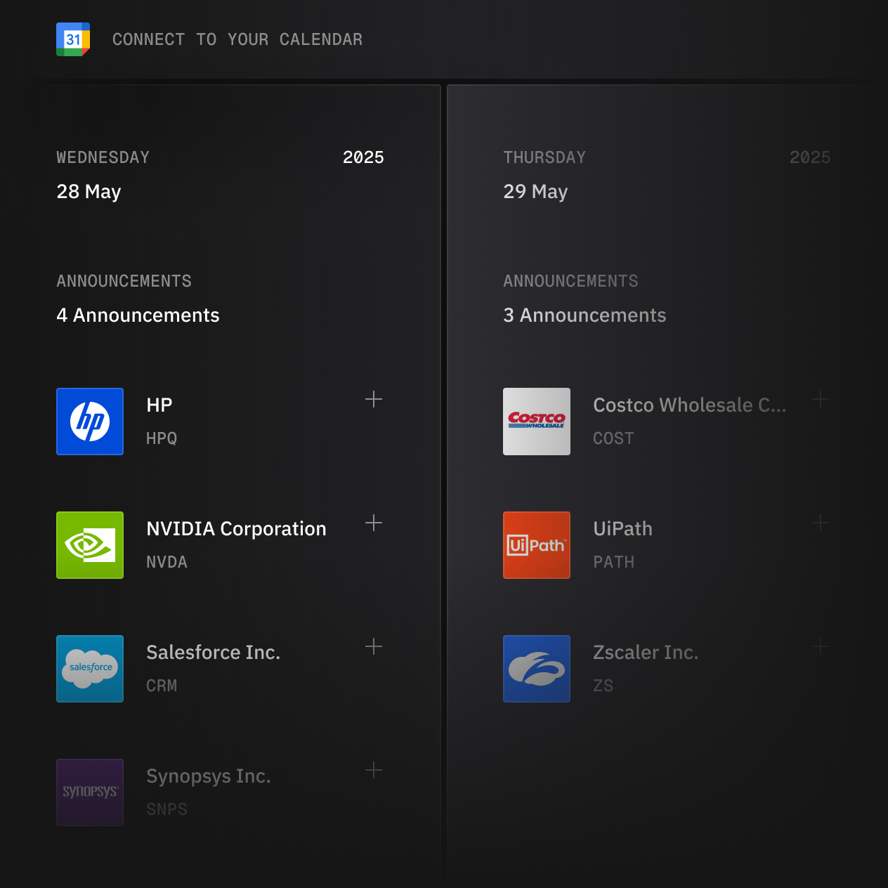 Finmode branded product mockup showing a the feature Calendar that allows users to keep track of earnings releases through the calendar year