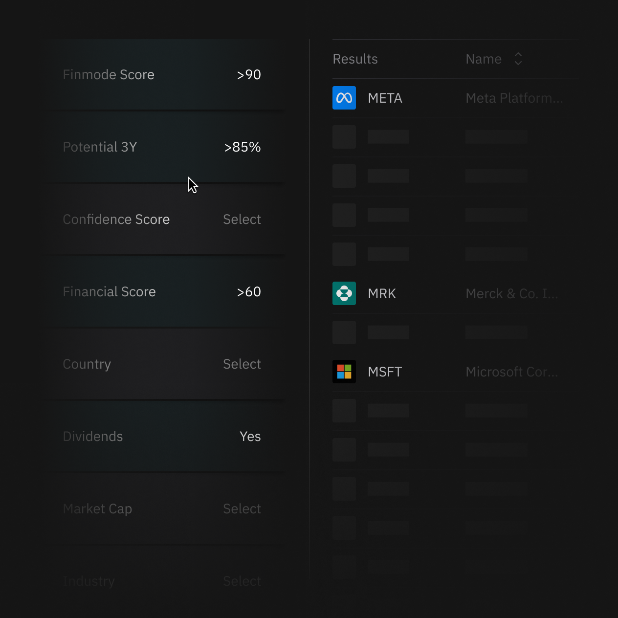 Finmode branded product mockup showing a the feature Screener that allows users to perform filtered search to find investment opportunities that best match the user's interest