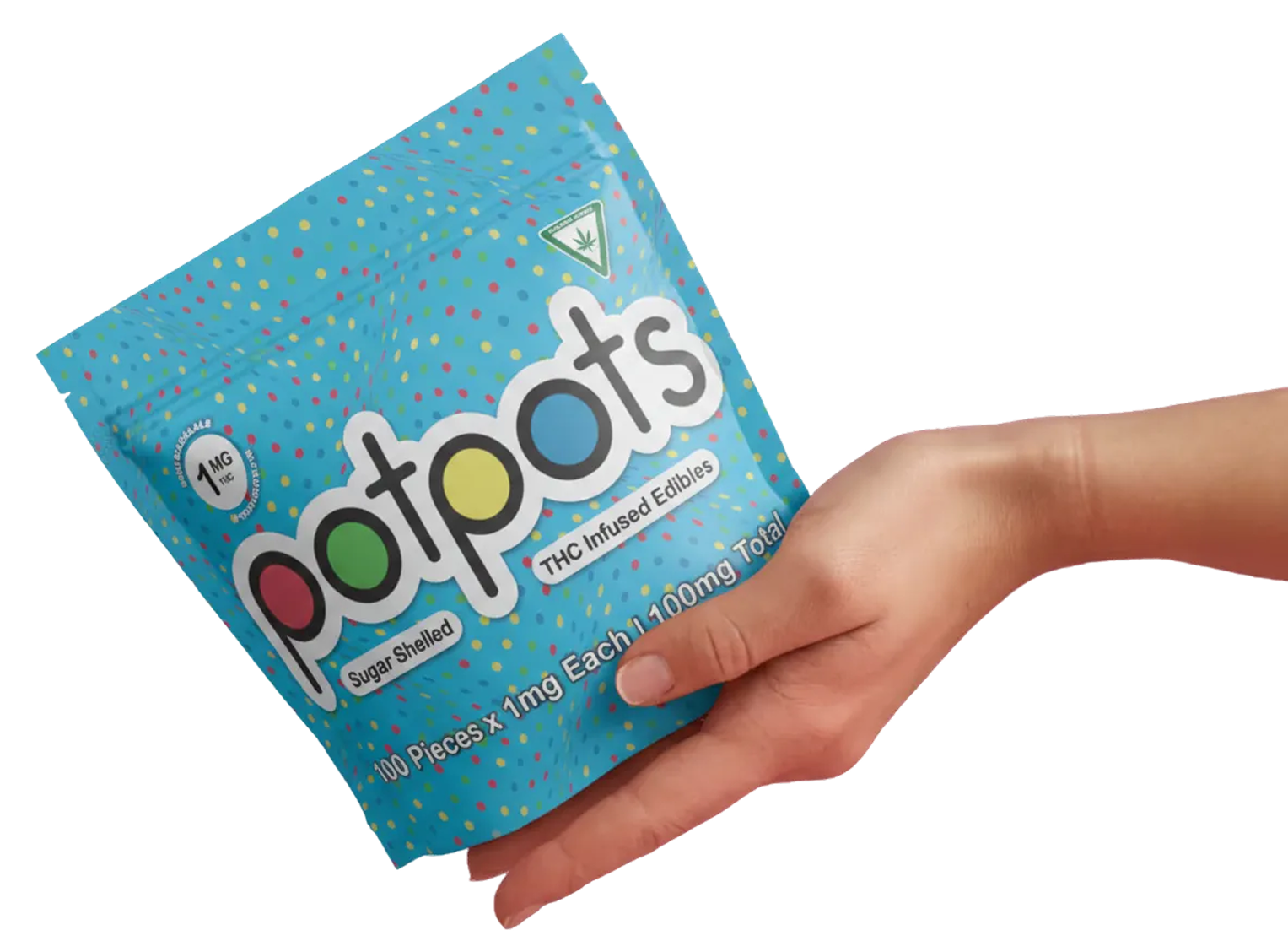 Hand holding a potpots package — 100 pieces of 1mg THC-infused sugar-shelled chocolates