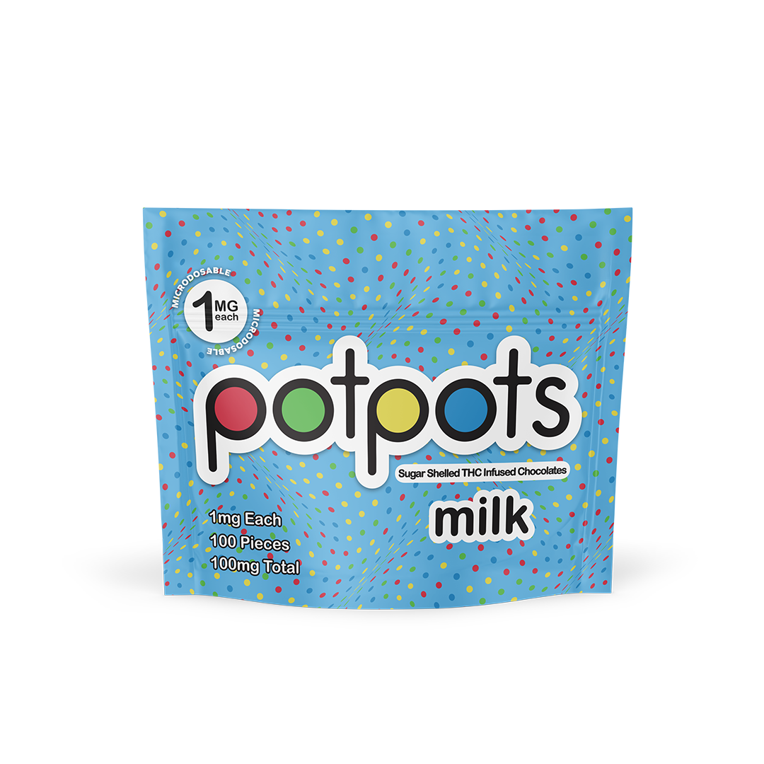 Potpots Milk Chocolate — 1mg THC sugar-shelled edibles, 100 pieces per bag
